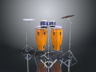 Brown Wooden Decorative Drum Set With Stands And Cymbals For Home Living 3d model