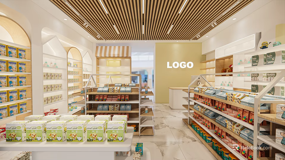 Bright Retail Store Interior With Shelves Displaying Packaged Products Logo Signage And Neat Layout 3d model 