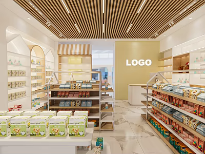 Bright Retail Store Interior With Shelves Displaying Packaged Products Logo Signage And Neat Layout 3d model