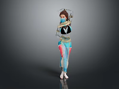 Futuristic Female Game Movie Character In Tight Suit With Mask And Colorful Transparent Elements 3d model