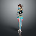 Futuristic Female Game Movie Character In Tight Suit With Mask And Colorful Transparent Elements