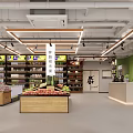 Modern Supermarket Interior Design With Shelves Full Of Groceries Fresh Fruits Display And Checkout Counter