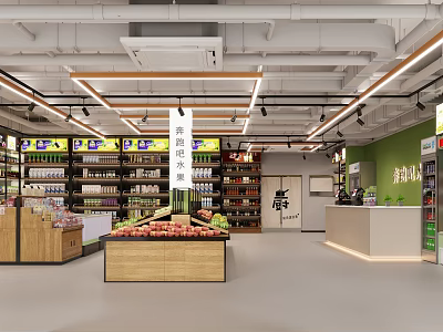 Modern Supermarket Interior Design With Shelves Full Of Groceries Fresh Fruits Display And Checkout Counter 3d model