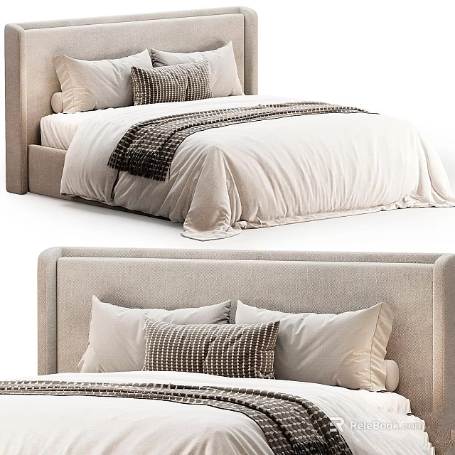 Elegant Upholstered Bed With Neutral Bedspread And Striped Throw Pillows 3d model 