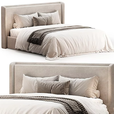 Elegant Upholstered Bed With Neutral Bedspread And Striped Throw Pillows 3d model