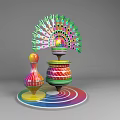 Colorful Decorative Spinning Tops With Peacock Feather Design Striped Patterns And Vibrant Base 3d model
