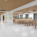 Modern Restaurant Buffet Interior With Wooden Counter Food Displays And Large Windows