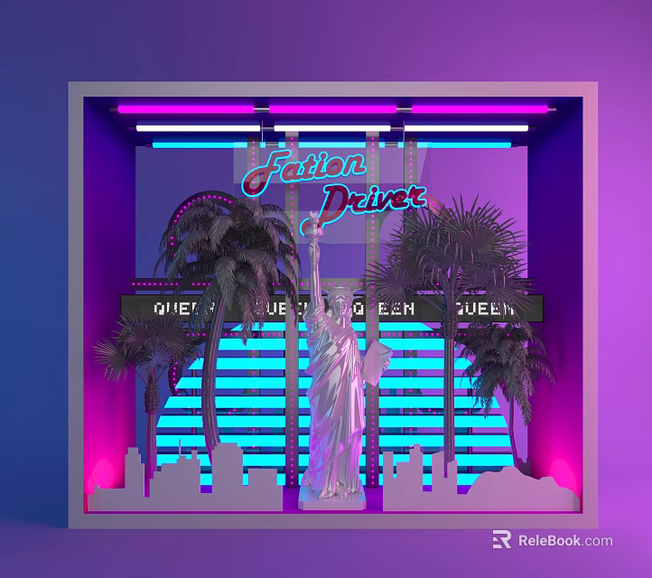 Fashion District Window Display With Neon Lights Statue of Liberty Palm Trees Blue Lit Background 3d model 