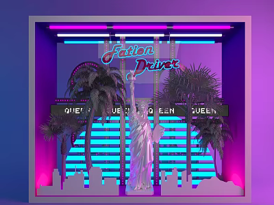 Fashion District Window Display With Neon Lights Statue of Liberty Palm Trees Blue Lit Background 3d model
