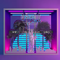 Fashion District Window Display With Neon Lights Statue of Liberty Palm Trees Blue Lit Background
