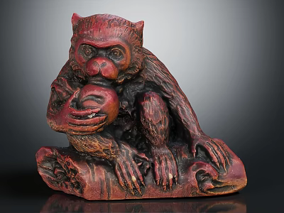 Red Wooden Monkey Sculpture Holding Peach With Intricate Carved Details 3d model
