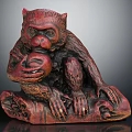 Red Wooden Monkey Sculpture Holding Peach With Intricate Carved Details