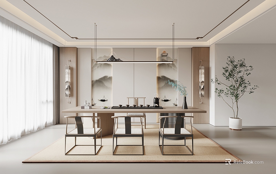 Elegant Modern Tea Room Interior With Wooden Table Chairs Hanging Lights And Landscape Paintings 3d model 