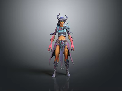 Fantasy Woman With Horns In Armored Outfit Purple Blue Accents Standing Pose 3d model