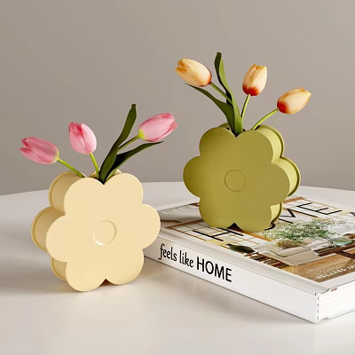 Flower Shaped Vases with Pink and Yellow Tulips on Magazine Fields like HOME 3d model