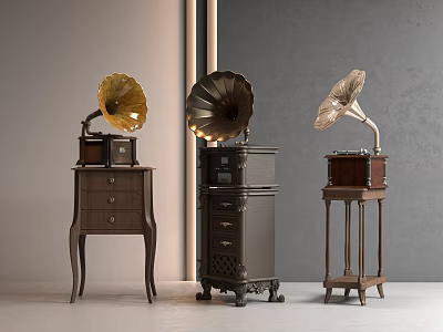 Vintage Gramophones With Brass Horns On Wooden Bases Against Gray Walls And Light Floors 3d model