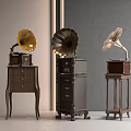 Vintage Gramophones With Brass Horns On Wooden Bases Against Gray Walls And Light Floors