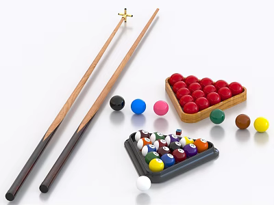 Professional Billiard Sports Equipment With Wooden Cues Colored Balls And Ball Rack 3d model