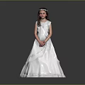 Little Girl Wearing White Long Dress Hair Hoop Hands Crossed Gray Background Reflective Floor