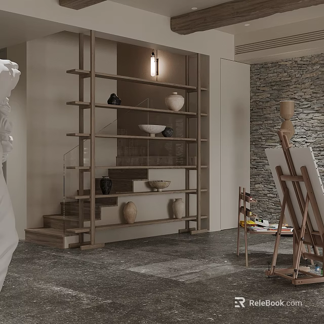 Elegant Modern Interior Space With Art Easel Sculptures And Staircase Shelves 3d model 
