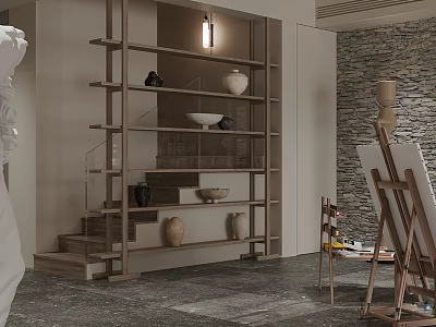 Elegant Modern Interior Space With Art Easel Sculptures And Staircase Shelves 3d model