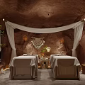 Cave Like SPA Sauna Retreat With Canopy Massage Bed Round Mirror And Pool Plants