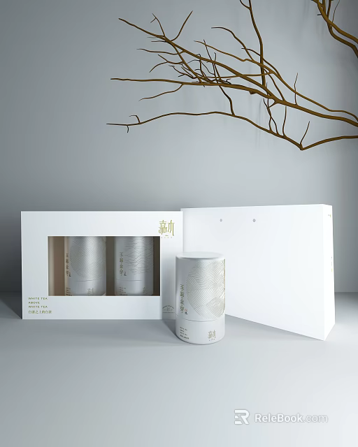 Minimalist Decorative Ornament Set White Open Box Display Silver Cylindrical Textured Design 3d model 