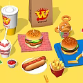 Assorted Fast Food Items Including Hamburgers Hot Dog Milkshake Onion Rings And Fries