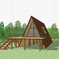 Triangular Roof Forest Guesthouse Building With Wooden Deck Staircase and Misty Surroundings