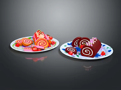Colorful Cake Rolls And Mini Pastries On Two Plates With Fruit Decorations 3d model