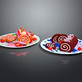 Colorful Cake Rolls And Mini Pastries On Two Plates With Fruit Decorations 3d model
