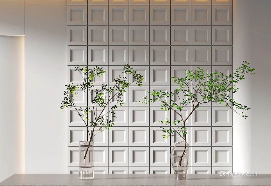 Transparent Glass Vases With Green Branches On Light Tabletop Against White Square Wall 3d model 