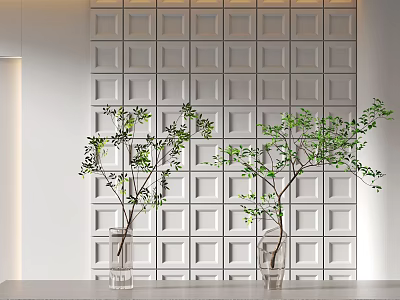 Transparent Glass Vases With Green Branches On Light Tabletop Against White Square Wall 3d model