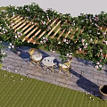 Pergola Adorned With Green Vines Pink Flowers And Golden Chairs On Stone Paved Lawn