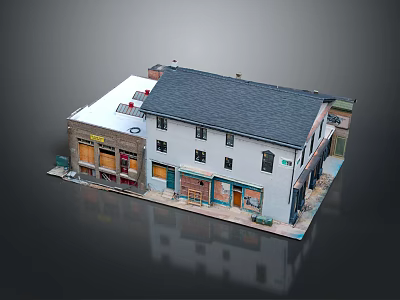 Cartoon Style Building Scene With Gray Roof White Walls And Colorful Storefronts 3d model