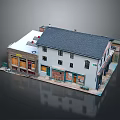 Cartoon Style Building Scene With Gray Roof White Walls And Colorful Storefronts