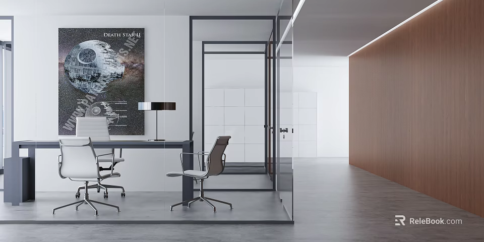 Modern Office Interior With Glass Partition Desk Chair Wall Art Wooden Panel And Lighting 3d model 