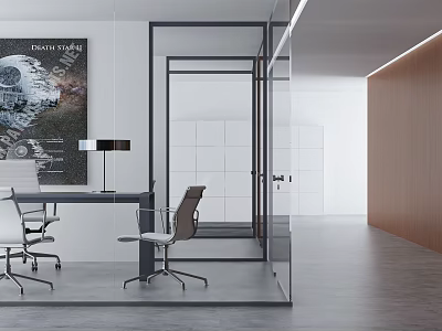 Modern Office Interior With Glass Partition Desk Chair Wall Art Wooden Panel And Lighting 3d model