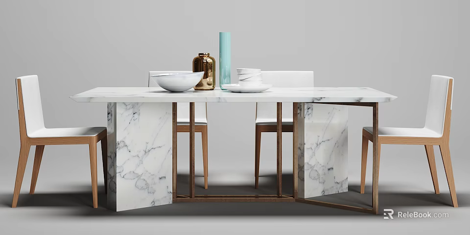 Modern Dining Table Set With Marble Tabletop Metal Frame Chairs And Decorative Vases 3d model