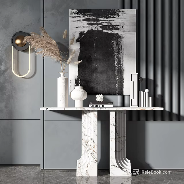 Marble Console Table With Vase Sculpture Books And Decor Abstract Painting And Wall Lamp 3d model 