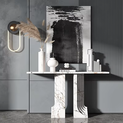 Marble Console Table With Vase Sculpture Books And Decor Abstract Painting And Wall Lamp 3d model