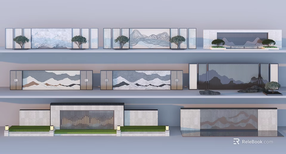 Scenic Wall Design With Mountain Landscape Patterns Plant Decorations And Layered Structures 3d model 