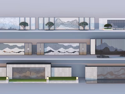 Scenic Wall Design With Mountain Landscape Patterns Plant Decorations And Layered Structures 3d model