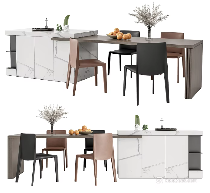 Modern Dining Table Set with Marble Top and Multi Colored Chairs and Fruit Centerpiece 3d model