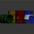 Colored Metal Drums Including Open Green Barrel and Detached Yellow Red Blue Lids