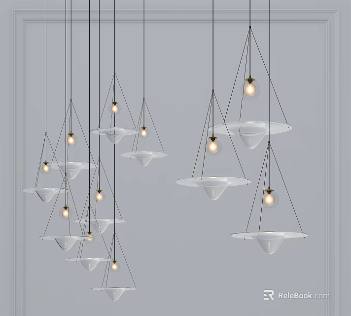 Multiple White Glass Pendant Lights Hanging Vertically From Silver Gray Ceiling 3d model