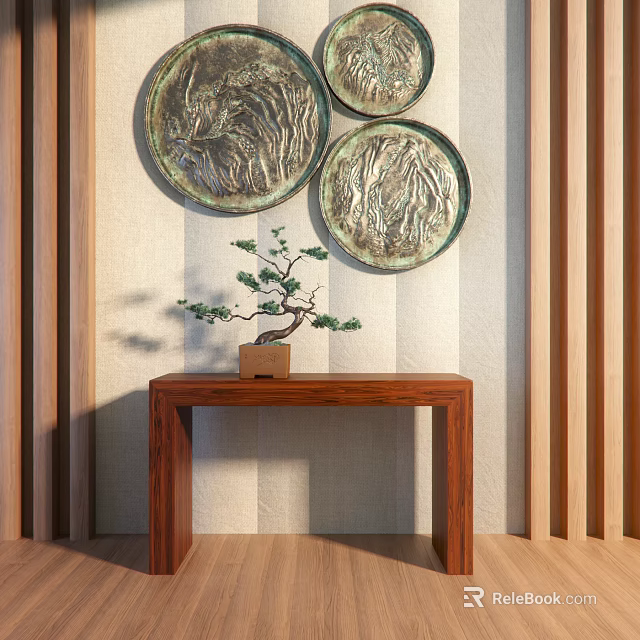 Natural Wooden Console Table With Small Bonsai Plant And Circular Decorative Plates On Striped Wall 3d model 