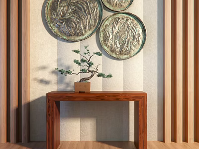 Natural Wooden Console Table With Small Bonsai Plant And Circular Decorative Plates On Striped Wall 3d model