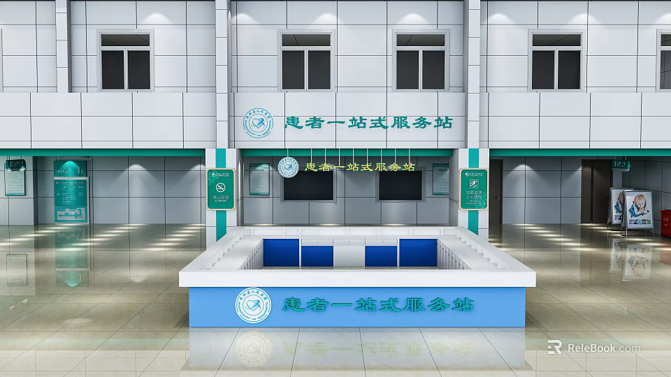Meirong One Stop Service Station Interior With Blue Counter And Signage 3d model 