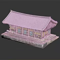 Ancient Traditional Architecture With Curved Tile Roof Red Walls Green Windows And Stone Base